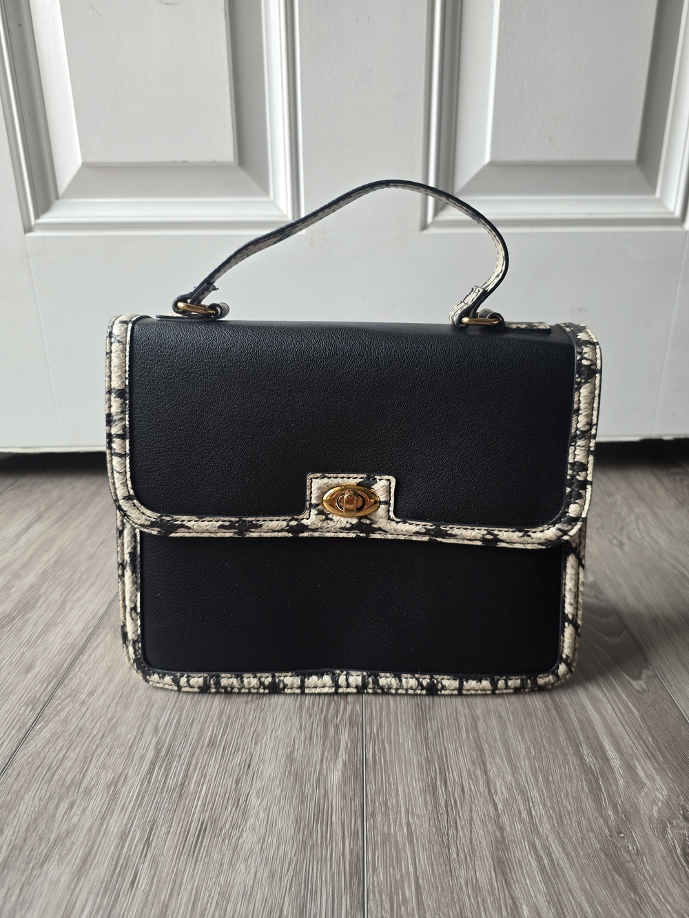 Rachel Zoe Alysha Black Vegan Leather Top Handle Bag Snake Trim Gold Turnlock